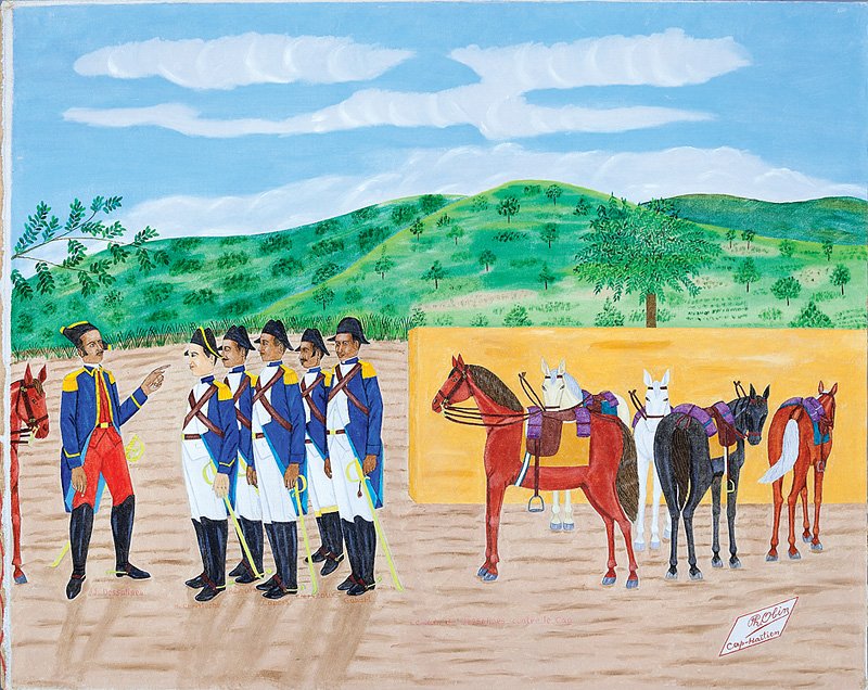 Philomé Obin (Haitian, 1892-1986): Philomé Obin (Haitian, 1892-1986), "Le Plan de Dessalines Contre le Cap: J.J. Dessalines, H. Christophe, Romain, Capois, Clerveau and Gabatt", oil on canvas, signed and inscribed "Cap-Haitien" lower