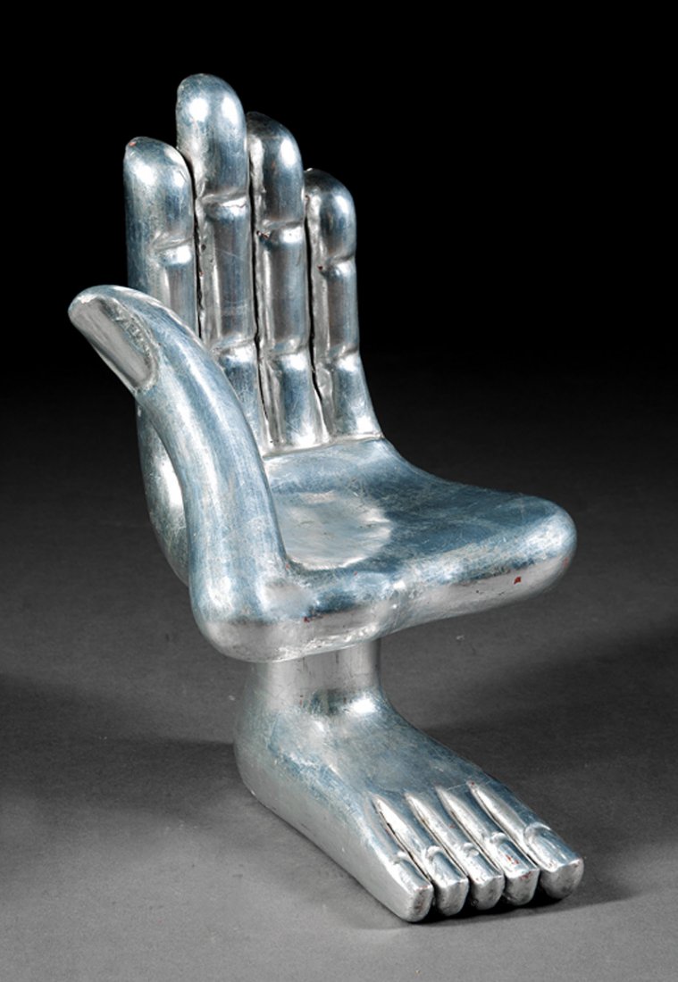 Pedro Friedeberg (Mexican/Louisiana, b. 1936): Pedro Friedeberg (Mexican/Louisiana, b. 1936), "Hand", wood with silver paint, signed on base, 12 1/4 in. x 7 in. x 7 1/2 in.
