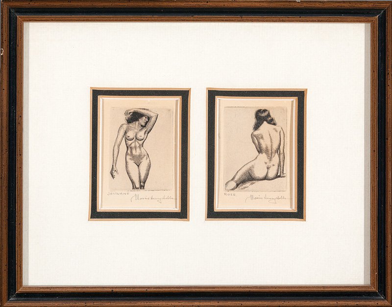 Morris Henry Hobbs (American/Louisiana, 1892): Morris Henry Hobbs (American/Louisiana, 1892-1967), "Jettamine", "Rose", "Tahitian Girl", "Satyrs Dance" and "The Bathers", 5 etchings on paper, all pencil-signed and titled lower margin, 1 1/2 in. x 