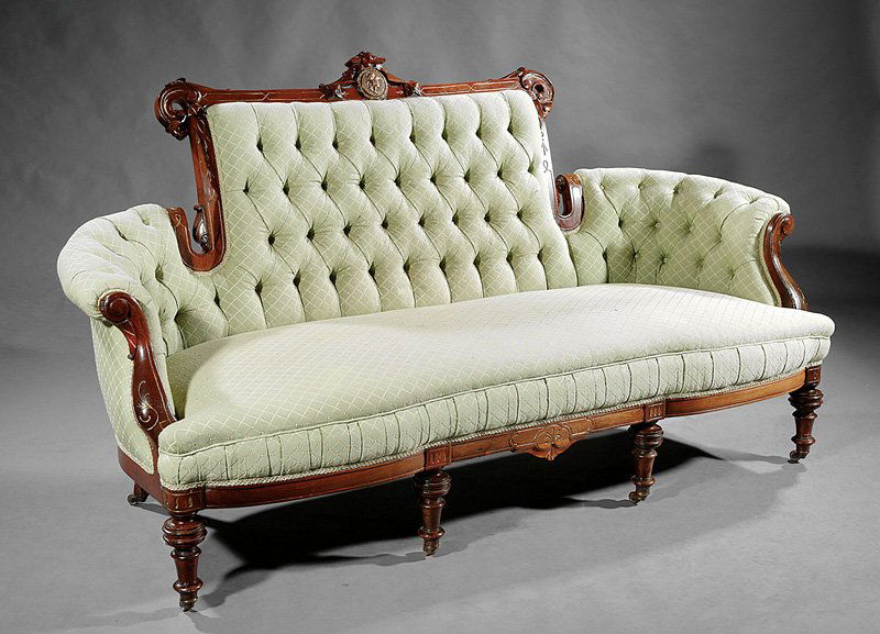 Rosewood Parlor Suite, attr. Jelliff: Fine American Renaissance Gilt-Incised and Bronze-Mounted Rosewood Parlor Suite, attr. to John Jelliff, incl. settee, two lady's armchairs and two gentlemen's armchairs, crest rail ending in scrolled