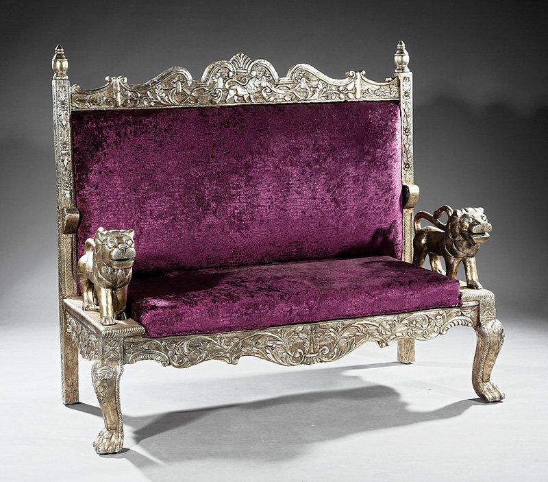 Pair of Anglo-Colonial-Style Argente Settees: Pair of Anglo-Colonial-Style Argente Settees, each with shaped foliate crest, lion arm rests, serpentine skirt, cabriole legs, paw feet, h. 53 1/2 in., w. 61 1/2 in., d. 26 1/4 in