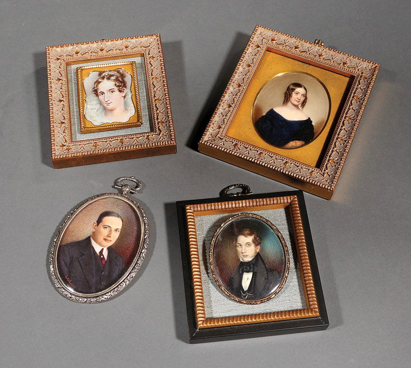 American or British School, early 19th c: American or British School, early 19th c., "Young Woman" and "Young Man", 2 associated oil miniatures, each unsigned, sights 3 in. x 2 1/2 in. and 2 1/2 in. x 2 in.; together with "Gentleman" and "Lad