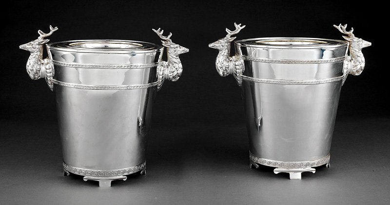 Pair of Decorative Silverplate Wine Coolers: Pair of Decorative Silverplate Wine Coolers, with stag's head handles, Greek key banding, removable liner, h. 10 1/2 in
