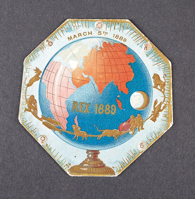 [Mardi Gras] Rex, 1889: [Mardi Gras], Rex, ball invitation, 1889, theme "Treasures of the Earth" Ill.: Schindler, Henry. Mardi Gras Treasures: Invitations of the Golden Age. Gretna: Pelican Publishing Co., 2000, p. 59