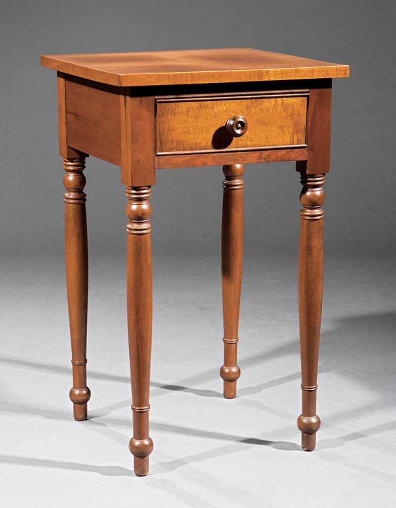 American Sheraton Table: American Sheraton Table, 19th c., Kentucky, square top, curly maple frieze drawer, ring-turned legs, h. 28 in., w. 16 3/4 in., d. 16 1/4 in