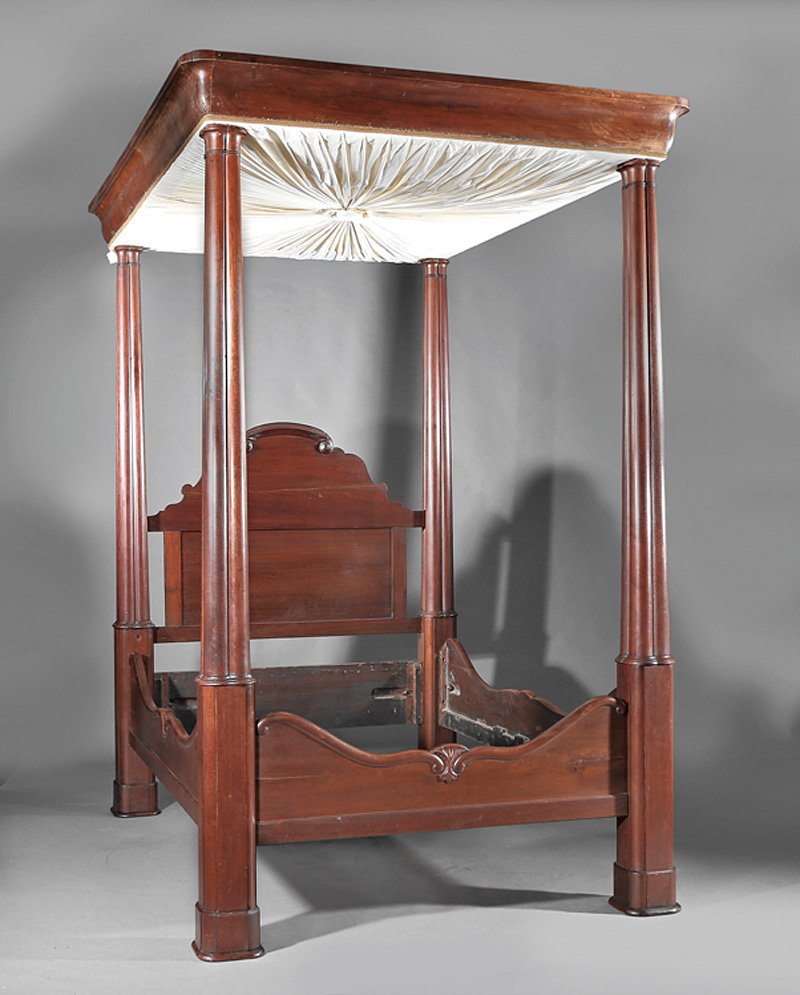 American Classical Walnut Tester Bed: American Classical Walnut Tester Bed, c. 1840, lower Mississippi River Valley, ogee tester, cluster column posts, arched headboard, conforming rails, h. 109 in., l. 79 in., w. 58 in