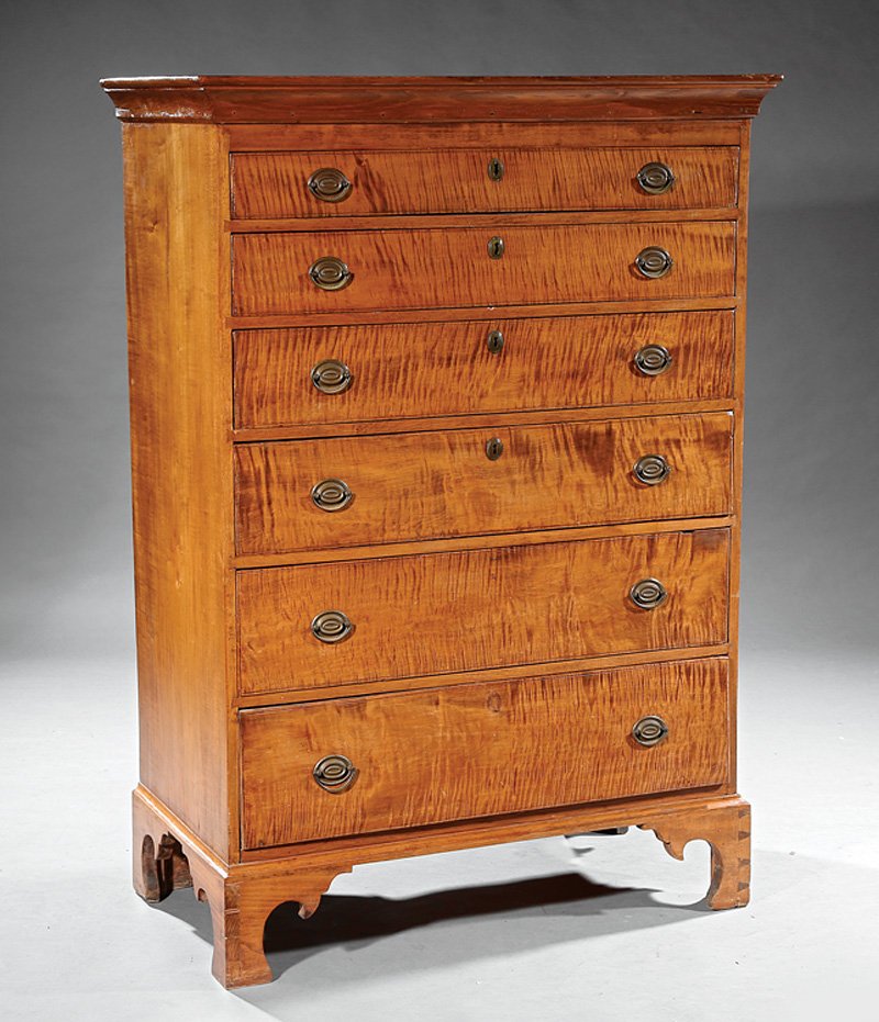 Federal Tiger Maple Tall Chest of Drawers: American Federal Tiger Maple Tall Chest of Drawers, flared cornice, six graduated drawers, shaped bracket feet, h. 55 1/2 in., w. 39 in., d. 21 in