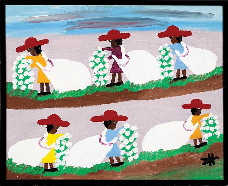 Clementine Hunter (American/Louisiana, 1886-1988): Clementine Hunter (American/Louisiana, 1886-1988), "Cotton Pickin'", oil on canvas board, monogrammed lower right, titled and inscribed en verso, 16 in. x 20 in., framed. Provenance: Acquired from the
