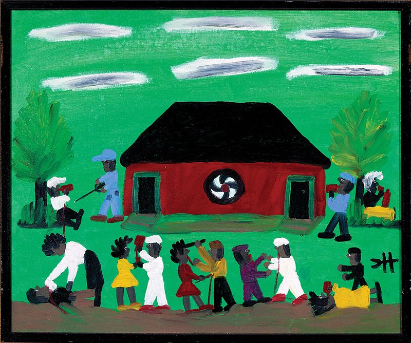 Clementine Hunter (American/Louisiana, 1886-1988): Clementine Hunter (American/Louisiana, 1886-1988), "Juke Joint, Saturday Nite", oil on canvas board, monogrammed lower right, pencil-titled and inscribed en verso, 16 in. x 20 in., framed. Provenance: