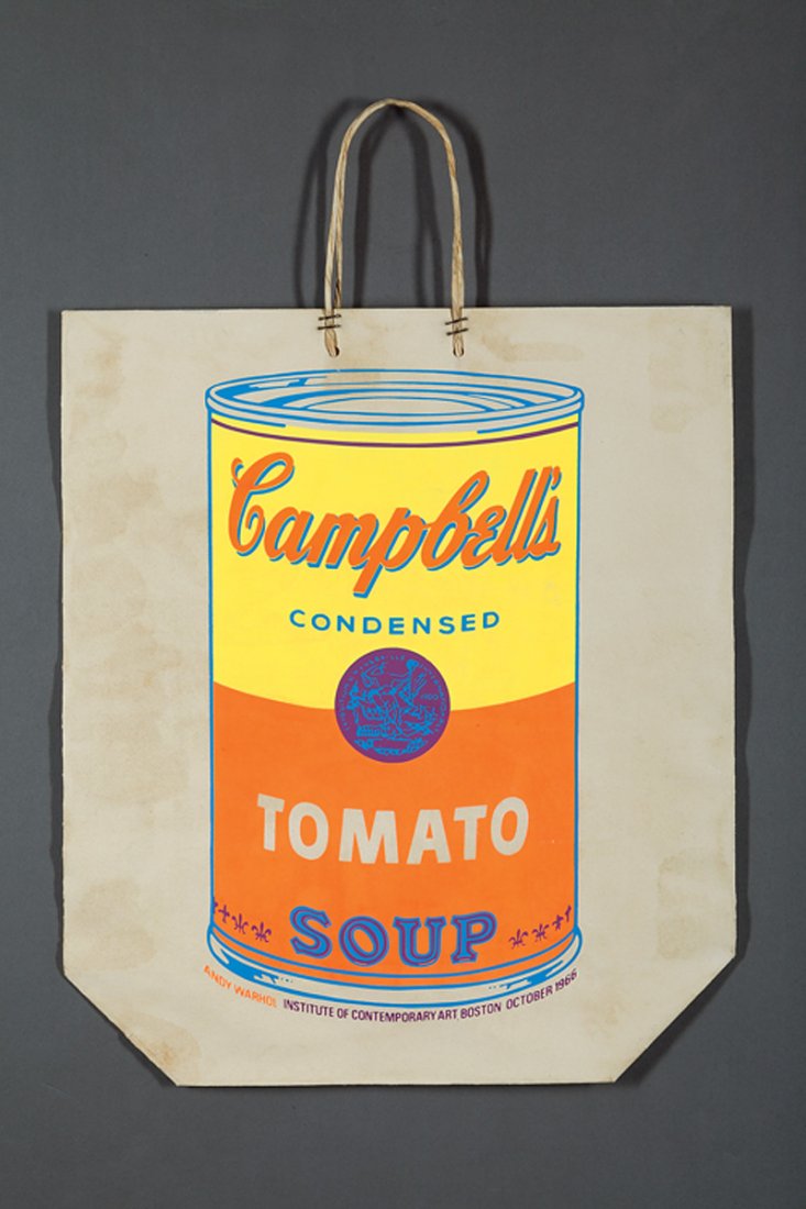 Andy Warhol (American, 1928-1987): Andy Warhol (American, 1928-1987), "Campbell's Soup Can on Shopping Bag", 1966, color silkscreen on a shopping bag, published for an exhibition at the Institute of Contemporary Art, Boston, MA, Oct. 1