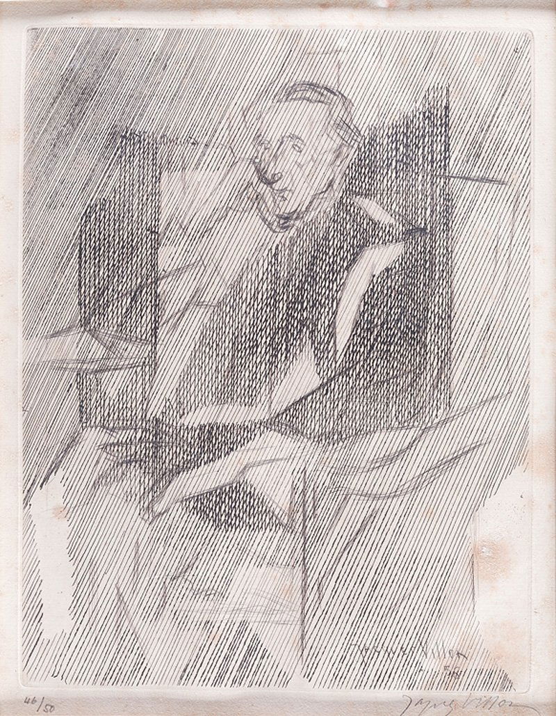 Jacques Villon (French, 1875-1963): Jacques Villon (French, 1875-1963), "Portrait of Marcel Duchamp", 1956, etching on paper, pencil-signed and numbered "46/50" lower margin, signed and dated in plate, exhibition label en verso, sight 1