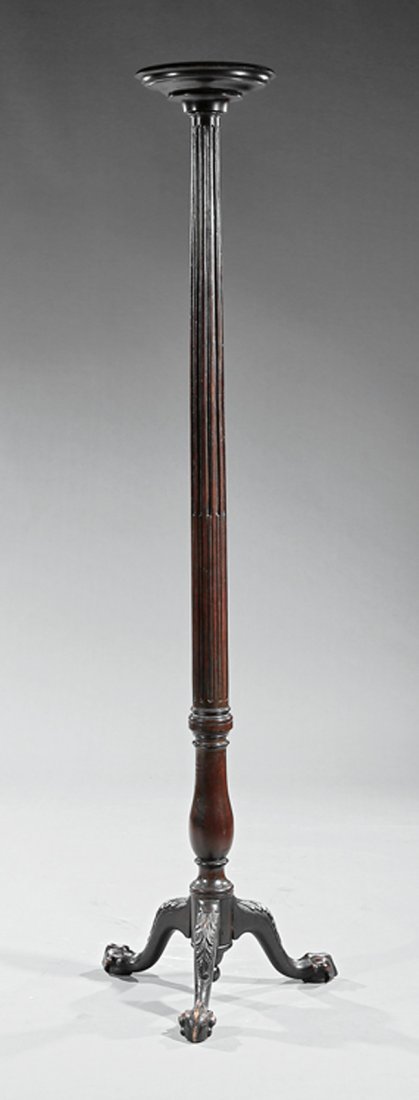 Georgian-Style Carved Mahogany Torchère: Georgian-Style Carved Mahogany Torchère, fluted standard, ball and claw feet, h. 73 1/2 in., top dia. 10 1/2 in