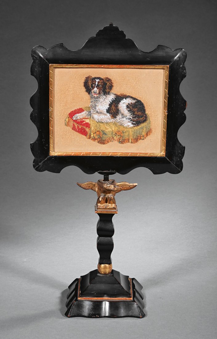 Carved, Ebonized and Parcel Gilt Table Screen: American Carved, Ebonized and Parcel Gilt Table Screen, 19th c., with beadwork and embroidery panel of a spaniel, baluster shaft with giltwood eagle, h. 20 in. Provenance: The Service Collection, Esta