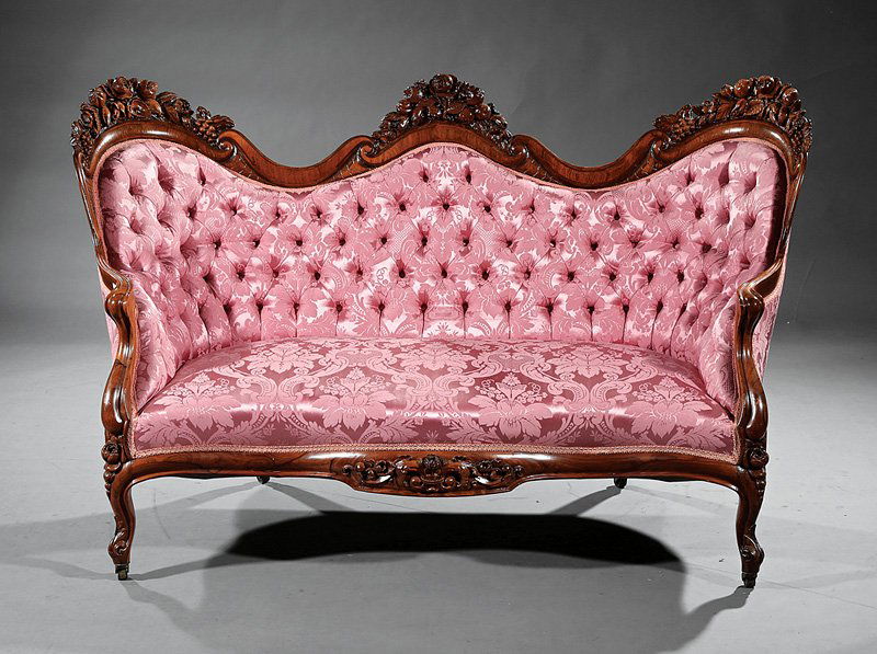 Rosewood Parlor Suite, attr. Belter: American Rococo Carved and Laminated Rosewood Parlor Suite, c. 1850-1860, attr. to John Henry Belter, New York, in the pattern referred to as "Rosalie with Grapes", incl. settee, pair of side chairs a