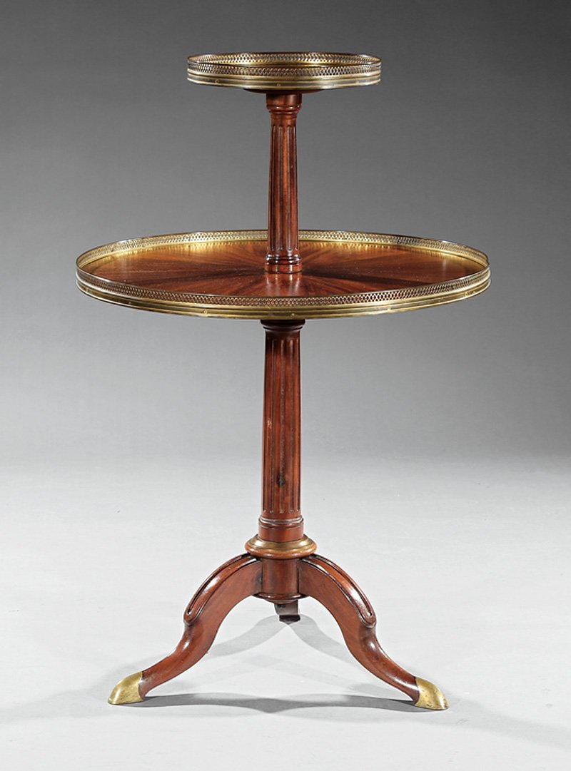 Louis XVI-Style Bronze-Mounted Desserte: Louis XVI-Style Bronze-Mounted Desserte, late 19th c., two tiers with reticulated galleries, fluted standard, molded legs, brass capped hoof feet, h. 44 3/4 in., dia. 28 3/4 in