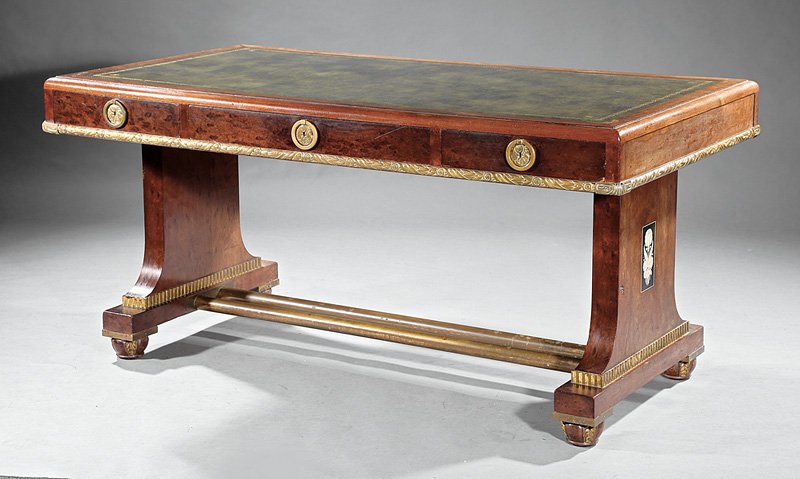 Mahogany Library Table, labeled Haentgés Fréres: Monumental Beaux Arts Gilt Bronze-Mounted and Inlaid Mahogany Library Table, late 19th c., labeled "Haentgés Fréres, Fabrique G. Rue Titon, Paris", gilt-tooled leather writing surface, three drawers