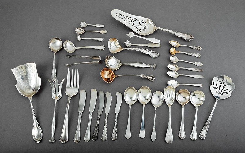 Vintage American Sterling Silver Flatware: Group of Vintage American Sterling Silver Flatware, various makers and patterns, incl. Gorham "Strasbourg" pie server and sauce ladle, approx. 30 pcs., approx. 22 troy ozs.; together with silverplate 