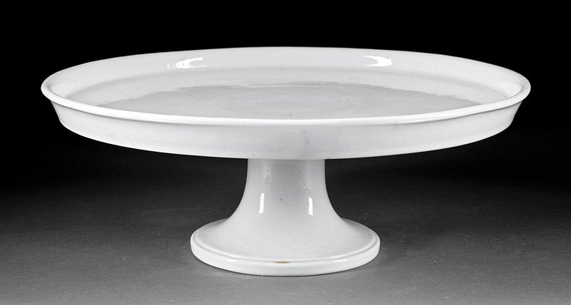 English Ironstone Cake Stand: Antique English Ironstone Cake Stand, mid-19th c., marked "REAL IRONSTONE CHINA", h. 5 3/8 in., dia. 14 3/8 in. Provenance: Rosedown Plantation, St. Francisville, LA, descended in the Turnbull/ Bowman