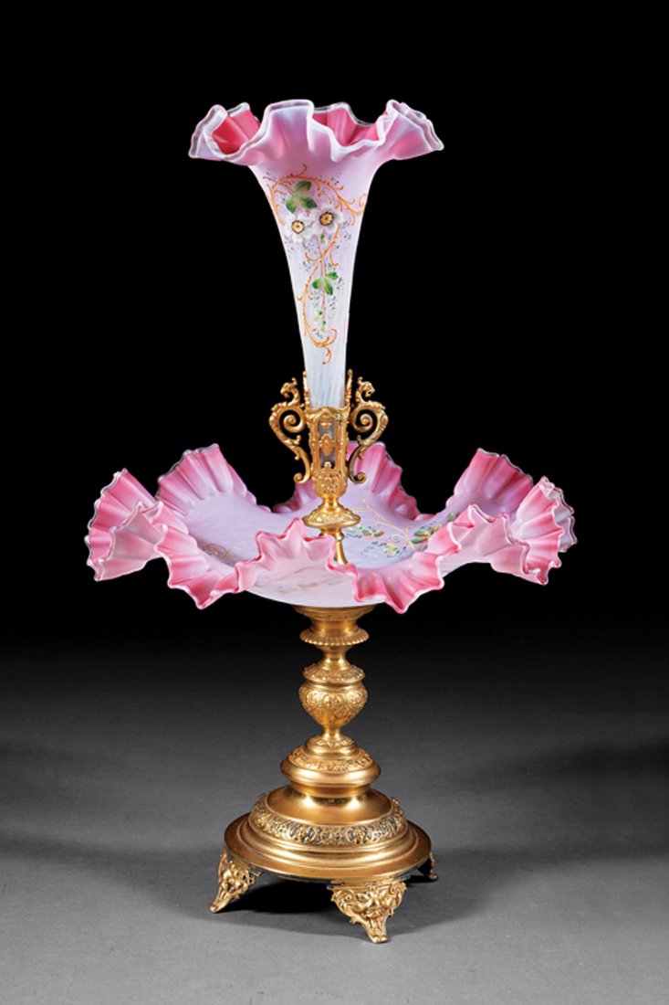 American White and Cranberry Satin Glass Epergne: American White and Cranberry Satin Glass Epergne, 19th c., trumpet vase, ruffled bowl, enameled floral and gilt reserves, foliate gilt metal mount and base, overall h. 21 in