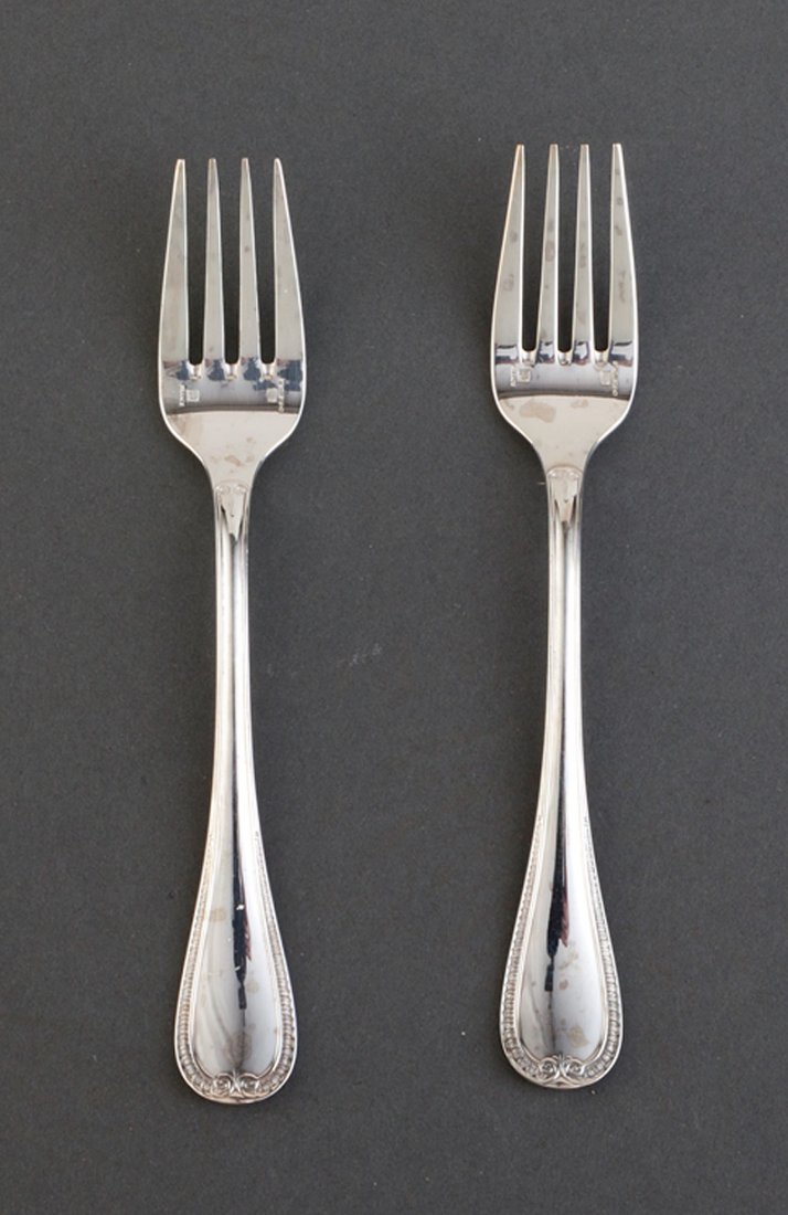 Christofle Silverplate Dessert Forks: Eight Dozen Christofle "Malmaison" Pattern Silverplate Dessert Forks, pattern introduced 1967, fitted storage case