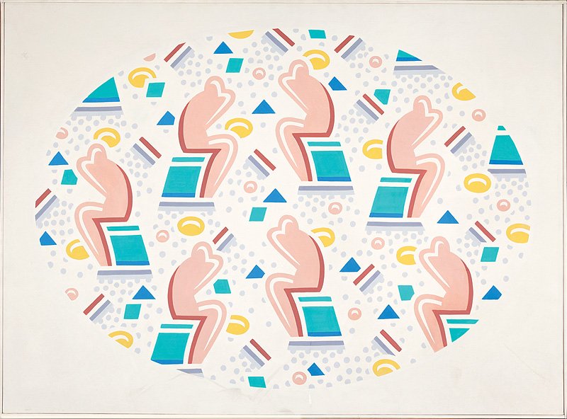 Robert Gordy (American/New Orleans, 1933-1986): Robert Gordy (American/New Orleans, 1933-1986), "Seven Figure Oval (2nd Version)", 1980, acrylic on canvas, signed, titled, dated and "Arthur Roger Gallery, New Orleans" label en verso, 34 1/2 in. x 4