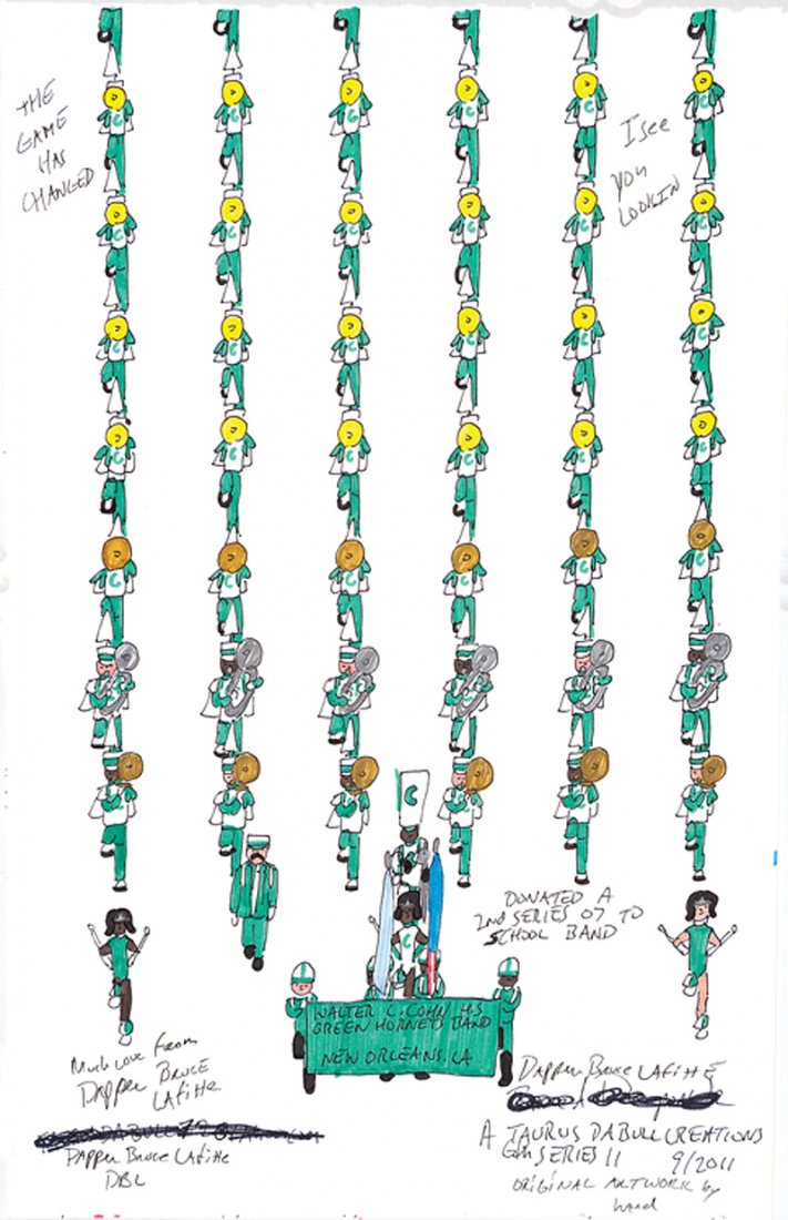 Bruce Davenport, Jr. (American/New Orleans): Bruce Davenport, Jr. (American/New Orleans, b. 1972), "Walter L. Cohn High School Green Hornets Band, New Orleans, LA", 2011, marker and mixed media on paper, signed "Dapper Bruce Lafitte" and dated l
