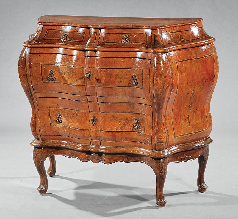 Italian Rococo Inlaid Burl Walnut Bombé Commode: Italian Rococo Inlaid Burl Walnut Bombé Commode, late 18th c., shaped top, conforming case, two short over two long drawers, scalloped apron, cabriole legs, h. 36 3/4 in., w. 42 1/2 in., d. 17 1/2 in
