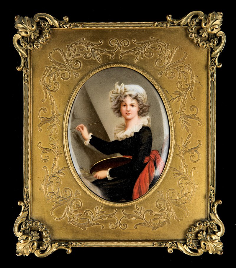 Three Continental Porcelain Plaques: Three Continental Porcelain Plaques, 19th c., incl. one after Raphael's "Madonna della Sedia", one depicting "The Lady of Shalott", both with elaborate giltwood frames; and one after Elisabeth Vigee-L