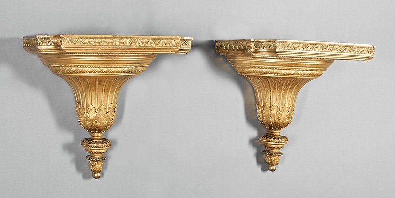 Neoclassical-Style Carved and Gilt Brackets: Pair of Italian Neoclassical-Style Carved and Gilt Brackets, 19th c., fluted with acanthus motif, h. 14 in., w. 14 1/4 in., d. 10 in