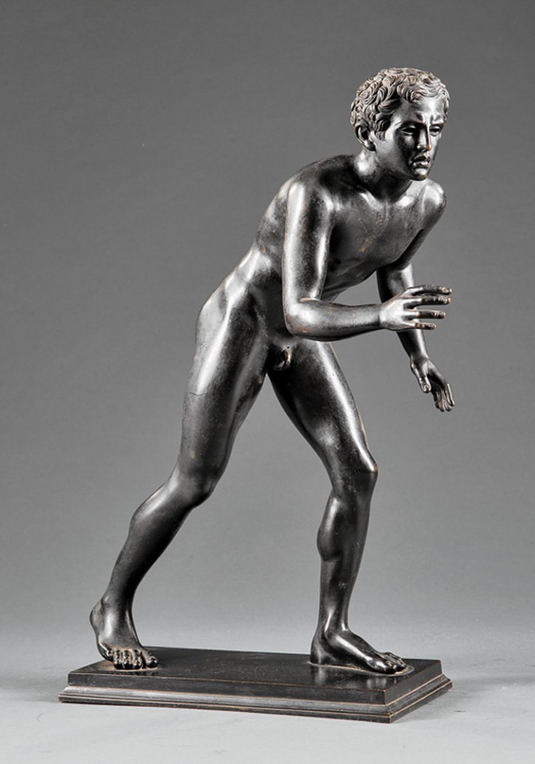 Patinated Bronze Figureof the "Pompeian Wrestler": Fine Italian Patinated Bronze Figure of the "Pompeian Wrestler", 1907, signed "Sab. De Angelis & Felis Naples" and dated on base, h. 17 1/2 in., l. 14 in., d. 7 1/4 in