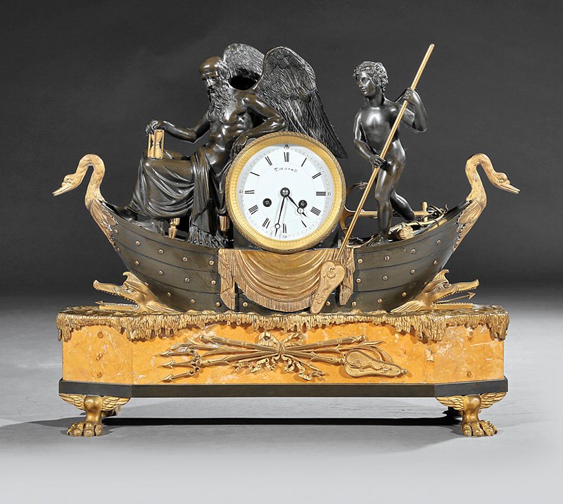 Napoleon III Gilt, Patinated Bronze Mantel Clock: Fine Napoleon III Gilt and Patinated Bronze Allegorical Mantel Clock, c. 1870, the dial and Vincenti movement marked "Tiffany & Co.", swan boat with Father Time piloted by Cupid, on sienna marble base