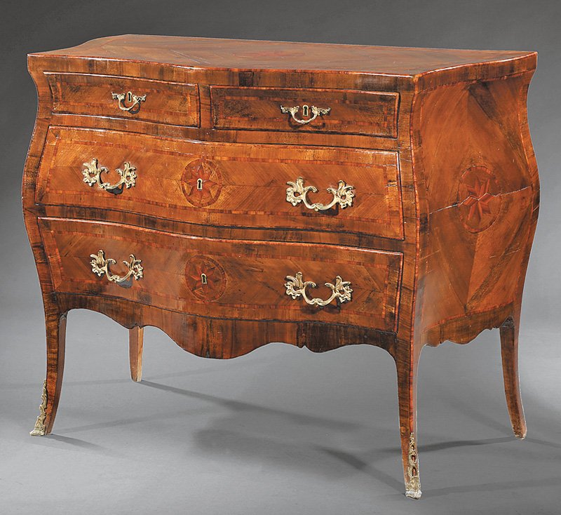 Gilt Bronze-Mounted Parquetry Bombé Commode: Antique Italian Rococo-Style Gilt Bronze-Mounted Parquetry Bombé Commode, serpentine top, conforming case with two short over two long drawers, shaped apron, bronze sabots, h. 37 1/4 in., w. 46 1/4 i
