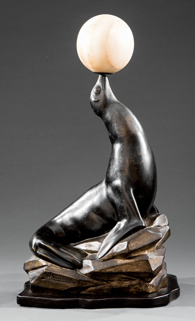 Antoine Bouraine and Marcel Bourain: Antoine Bouraine (French, 20th c.) Marcel Bouraine (French, 20th c.), "Seal Figure with illuminated Onyx Ball", 1931, inscribed "A. Bouraine" dated, foundry "La Telle" stamp on base, electrified, h. 2