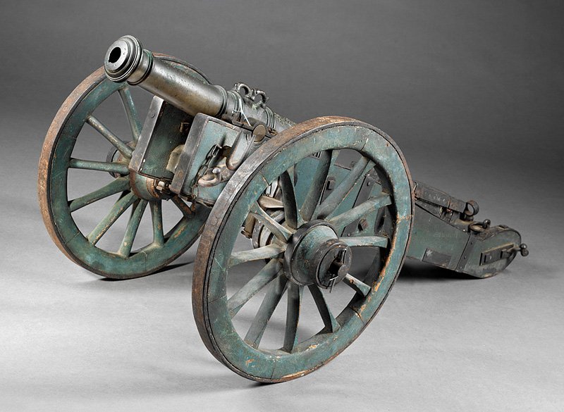 French Bronze Signal Cannon: Fine French Bronze Signal Cannon, 19th c., Gribeauval type, with very accurate and fine construction of the tube and carriage, tube cast with mark of shield and three swans, tube l. 16 in., wheel dia.