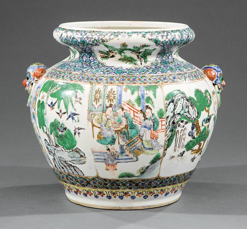 Chinese Famille Verte Porcelain Vase: Chinese Famille Verte Porcelain Vase, probably late 19th/early 20th c., with Buddhist lion mask ring handles, decorated with alternating figural and bird-and-flower panels, h. 8 1/2 in