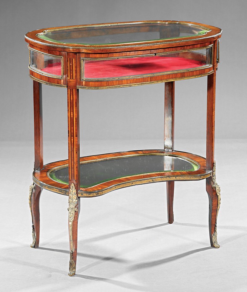 Gilt Bronze-Mounted, Inlaid Kingwood Vitrine: Antique Louis XVI-Style Gilt Bronze-Mounted and Inlaid Kingwood Vitrine, shaped beveled glass top, velvet lined interior, paneled glass frieze, mirrored shelf, cabriole legs, bronze sabots, h. 30 3/4 
