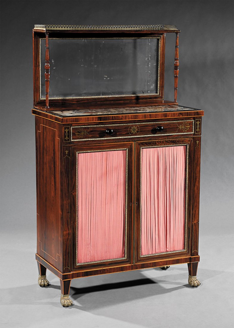 Late Regency Brass Inlaid Rosewood Chiffonier: Late Regency Brass Inlaid Rosewood Chiffonier, mid-19th c., reticulated gallery, mirrored back, inset marble top, frieze drawer, silk paneled doors, hairy paw feet, h. 55 in., w. 31 1/2 in., d. 17 in