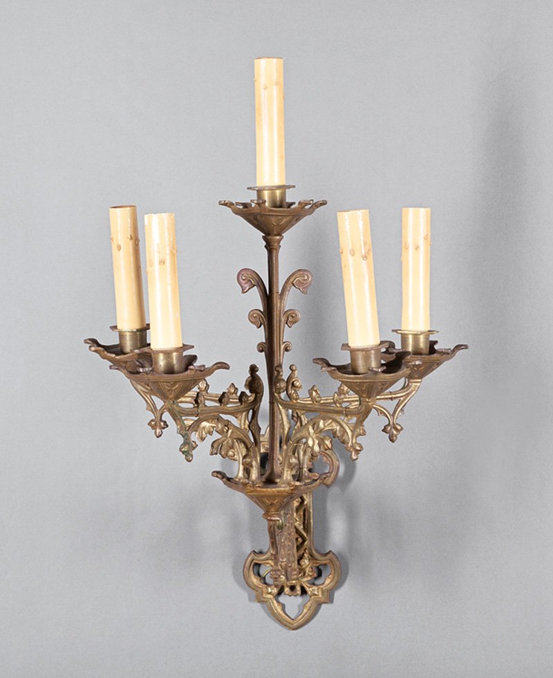Pair of Gothic Revival Gilt Bronze Sconces: Pair of Gothic Revival Gilt Bronze Sconces, 19th c., pierced foliate decoration, electrified, h. 16 in., w. 11 in., d. 16 in