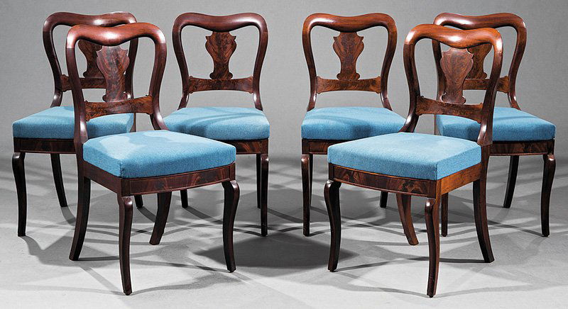 Mahogany Side Chairs, attr. Phyfe: Six American Classical Mahogany Side Chairs, c. 1835, attr. to Duncan Phyfe, New York, shaped backs, vasiform splats, bowed seats, splayed legs, h. 33 in., w. 17 1/4 in. Note: The specific curved back
