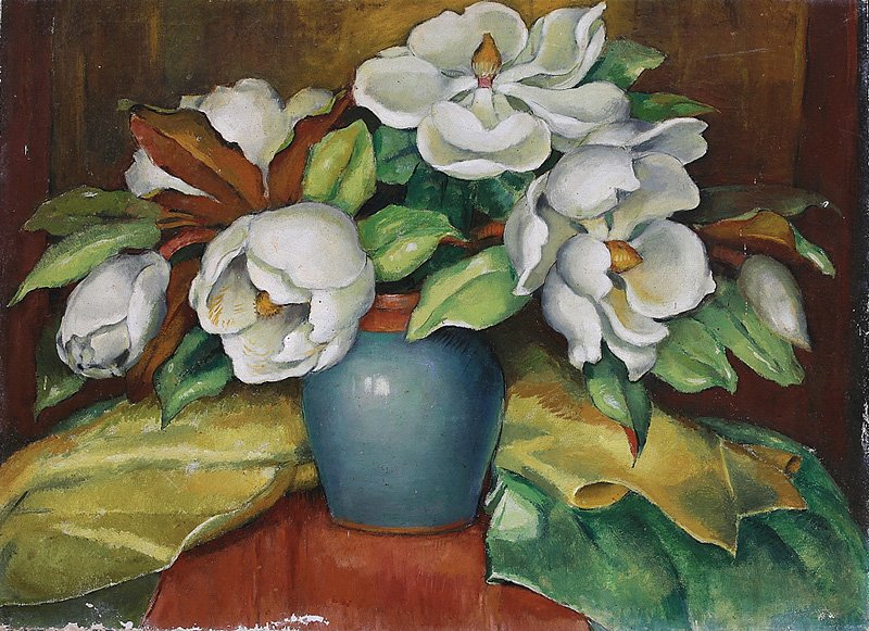 Attributed to Marie Atkinson Hull (American/MS.): Attributed to Marie Atkinson Hull (American/Mississippi, 1890-1980), "Still Life of Magnolias", oil on canvas, unsigned, 23 in. x 31 in., unframed