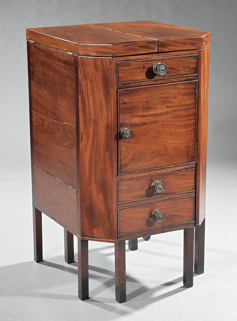 Regency Mahogany Beau Brummel: Regency Mahogany Beau Brummel, mid-19th c., foldover top, cabinet door over commode drawer, square legs, h. 35 1/2 in., w. 20 in., d. 21 in