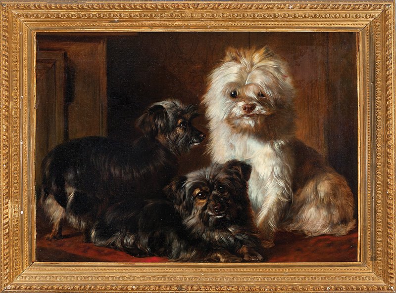 Continental School, 19th c: Continental School, 19th c., "Three Dogs in an Interior", oil on canvas, unsigned, 22 in. x 26 3/4 in., framed