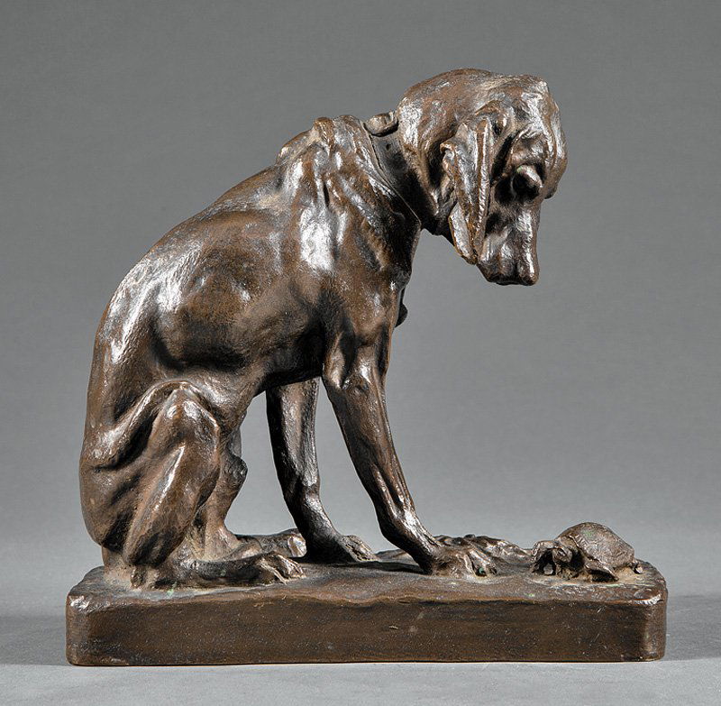 French Cabinet Bronze Group: French Cabinet Bronze Group, 20th c., of a hound and tortoise after Alfred Barye, Jr. (French, 1839-1850), inscribed "Barye" on base, h. 7 1/2 in., rectangular terrasse
