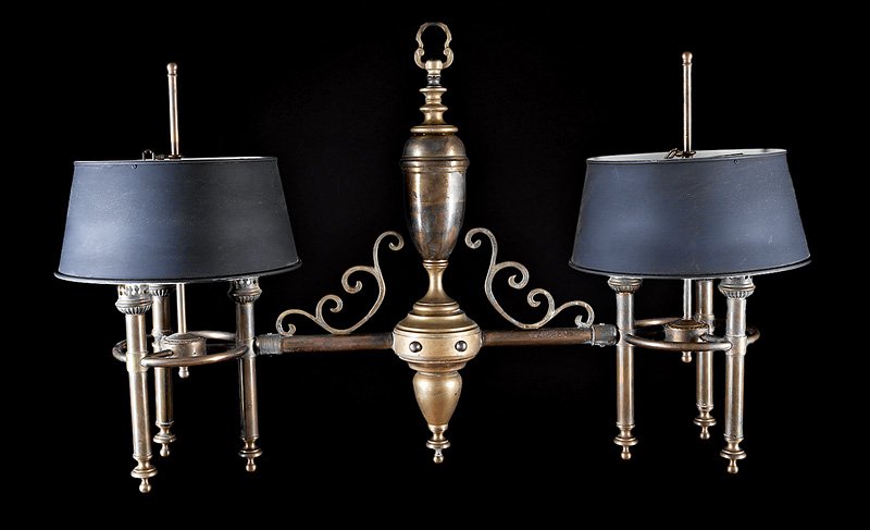Brass and Tole Two-Light Bouillotte Chandelier: Empire-Style Brass and Tole Two-Light Bouillotte Chandelier, vasiform standard, each lamp with three lights, adjustable shades, h. 24 in., w. 41 in., d. 12 in