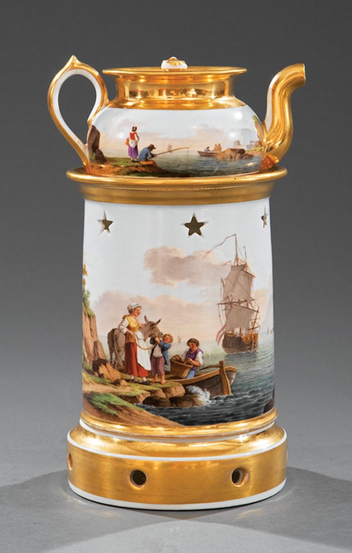Paris Porcelain Veilleuse: Paris Porcelain Veilleuse, 19th c., incised marks, maritime scenes with gilt trim, h. 8 7/8 in. Provenance: Historic "Sally Mill", Middleburg, VA