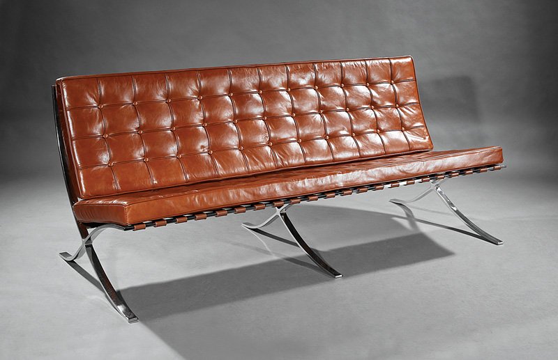 Barcelona-Style Leather Sofa, by Rove: Barcelona-Style Leather Sofa, by Rove, full-grain, Italian brown leather, polished stainless steel, after the design by Mies van der Rohe, h. 30 in., w. 72 in., d. 31 in