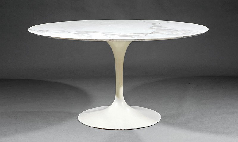 Eero Saarinen Tulip Dining Table, "Knoll": Eero Saarinen Tulip Dining Table, c. 1969, labeled "Knoll Associates, 320 Park Ave.", Italian beveled Cremo marble top, h. 28 1/2 in., dia. 54 in. Provenance: Original owner, Dr. Hamp W. Echols, Mobil