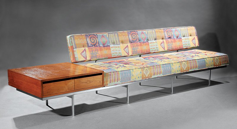 Florence Knoll Sofa with Table & a Bertoia Chair: Florence Knoll Mid-Century Sofa with Table and a Bertoia Diamond Chair, c. 1960, "Knoll Associates, 320 Park Ave" label, model 575, sofa with chromed steel frame, tufted upholstery, integral walnut tw