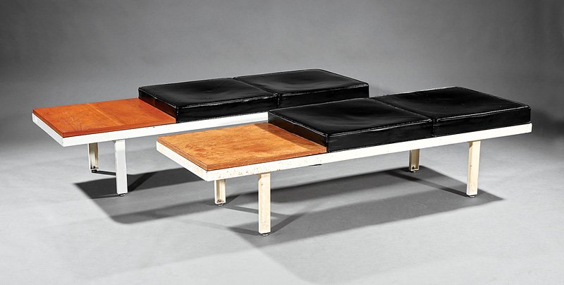 Pair of George Nelson Contract System Benches: Pair of George Nelson Contract System Benches, c. 1960s, "Designed by George Nelson, Herman Miller, Zeeland, Mich" metal tag, each with two black leather seat cushions, flanked by a walnut topped side