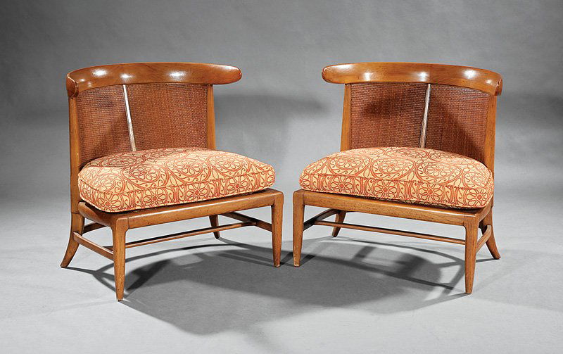 Three Pieces Tomlinson Sophisticate Furniture: Three Pieces Tomlinson Sophisticate Furniture, c. 1961, High Point, North Carolina, incl. pair slipper chairs with fruitwood frames, caned backs, loose seat cushions, date "October 1961" at underside,